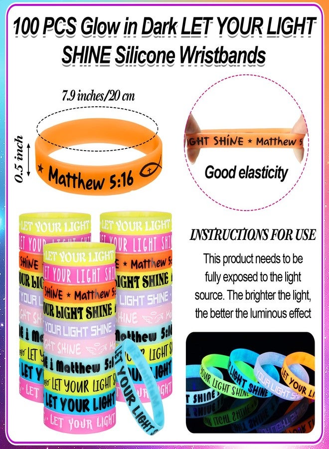 Equsion 100 Pcs Christian Bracelets Glow in Dark Let Your Light Shine Silicone Bracelets Religious Jesus Wristbands Bulk Inspirational Scripture Easter Party Gift for Baptism Church(Colorful) - Image 2